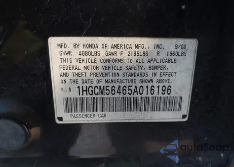 2005 Honda Accord 2.4 Lx из США, поврежденный, VIN 1HGCM56465A016196